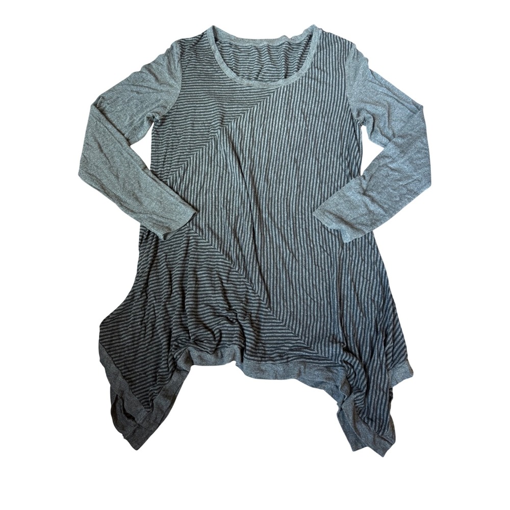 Grey Striped Sharkbite Hem Tunic Top Long Sleeve Scoop Neck‎ Handkerchief Hem